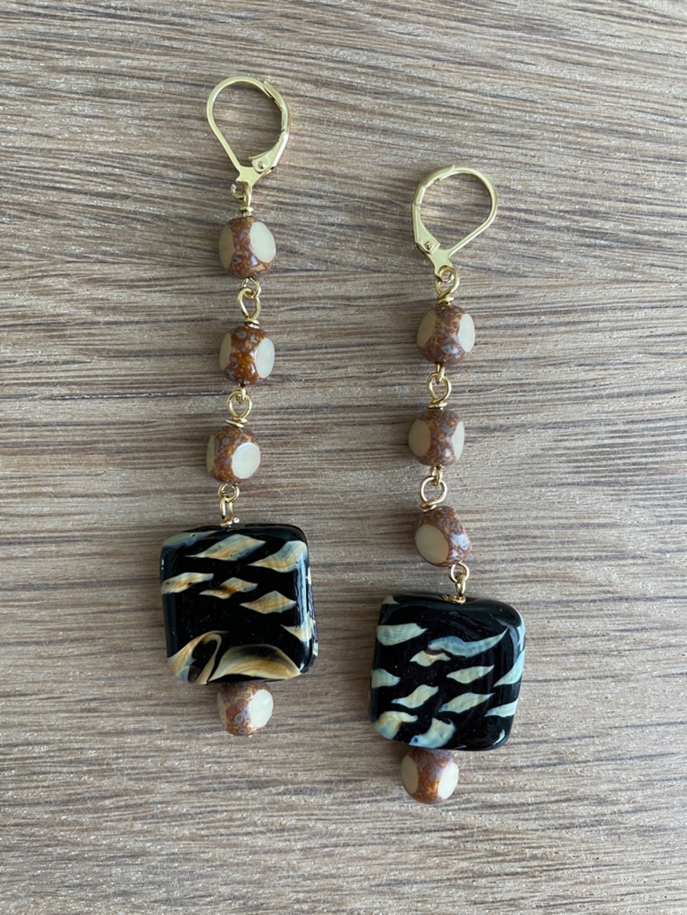 HAND CRAFTED ARTISAN LAMPWORK SQUARE GLASS EARRINGS Neutral Earthy Drop Dangles
